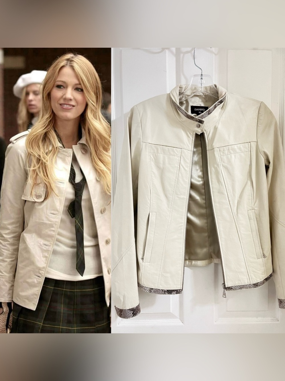 DANIER Women's Cream Leather Jacket - Stylish Zip & Snap Collar
